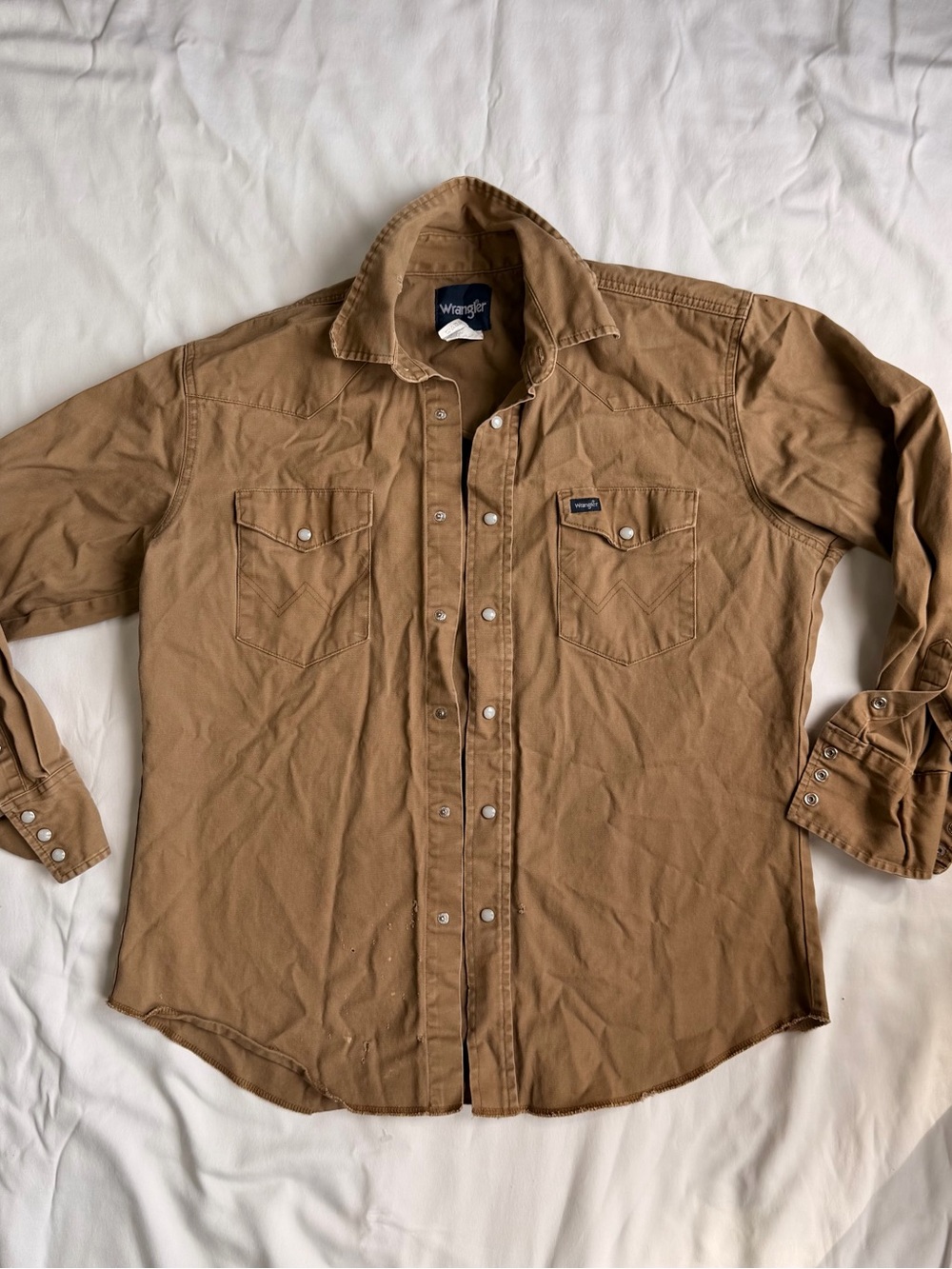 Wrangler Western Pearl Snap Shirt Mens L Brown Tan Cotton Workwear Cowboy
